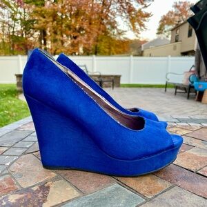 Express blue open toed wedge platform heels